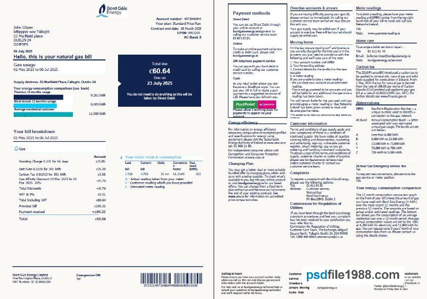 Ireland Bord Gais Energy Utility Bill 2 Pages, Version 2